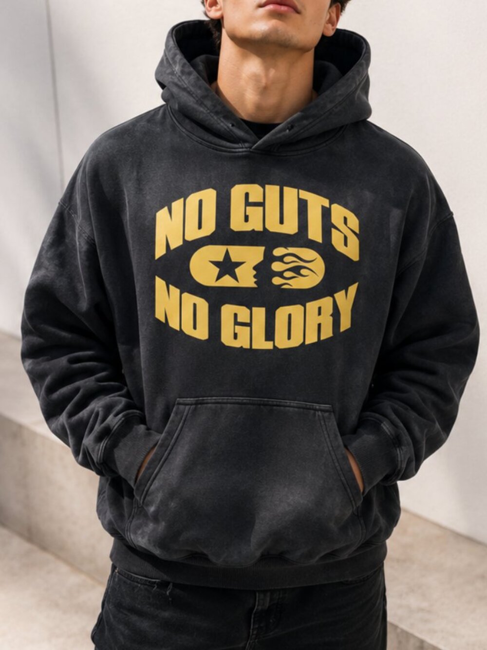 Hellstar Sweatshirt No Guts No Glory Graphic Hoodie Black Yellow Men’s Size S